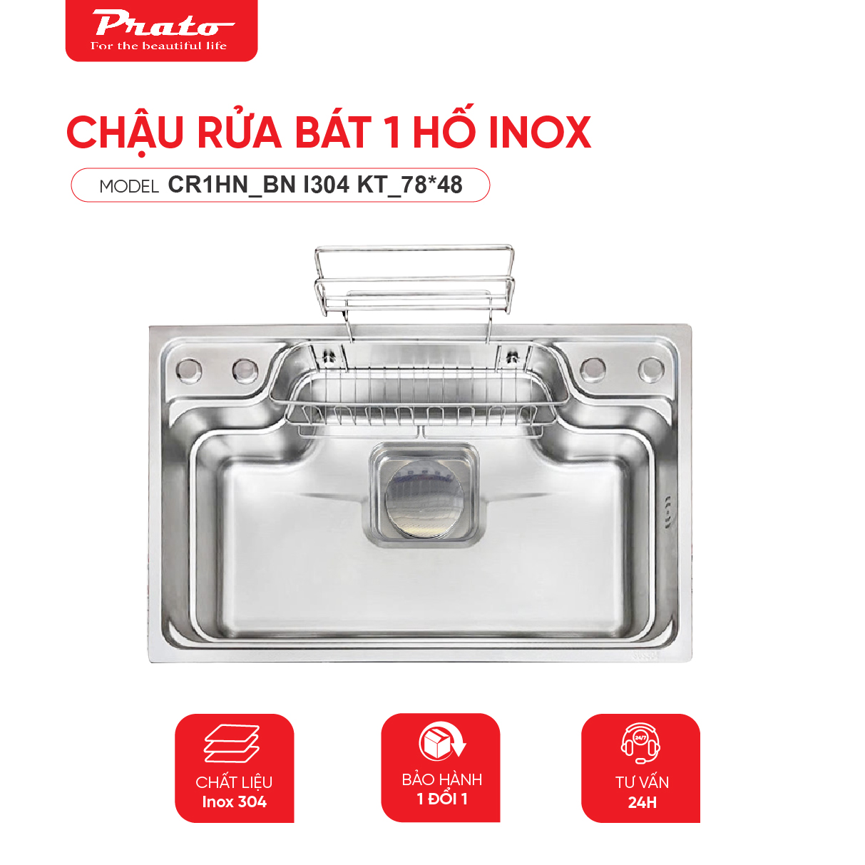 Chậu rửa bát 1 hố Prato INOX  KT_78*48
